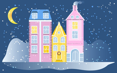 Obraz na płótnie Canvas christmas night in the city cute scandinavian houses