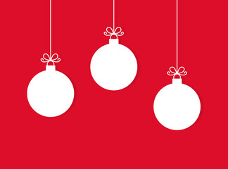 Christmas balls on red background. Christmas greeting card with ornaments design.