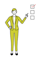 チェックリストを指さすスーツ姿のシニア女性、女性管理職・キャリアウーマンのシンプルな線画イラスト