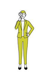 虫メガネをのぞくスーツ姿のシニア女性、女性管理職・キャリアウーマンのシンプルな線画イラスト