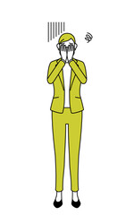 落ち込んで顔を覆うスーツ姿のシニア女性、女性管理職・キャリアウーマンのシンプルな線画イラスト