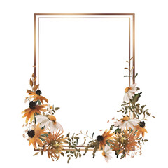 framework for photo or congratulation,  a frame of autumn flowers, a bouquet of wildflowers. Geometric frame with red and yellow flowers. Dahlias and chrysanthemums. Autumn leaves and flowers. Gold fr