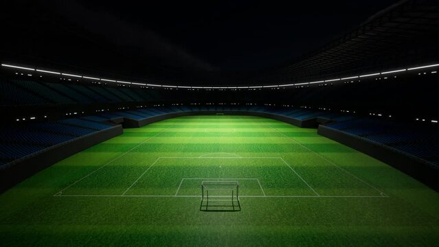 The drone flies over an empty night football stadium panning. 3D render