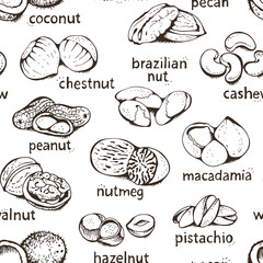 Nuts seamless pattern, vector food background, isolated on white