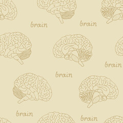 Seamless vector pattern with brain, hand drawn illustration with text on beige background