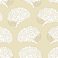 Seamless vector pattern with brain, hand drawn illustration on beige background
