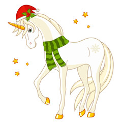 A beautiful unicorn in a Christmas hat and scarf with stars. Winter illustration on a white background