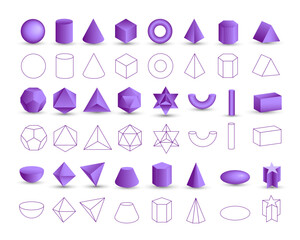 Set of vector realistic 3D purple geometric shapes isolated on white background. Mathematics of geometric shapes, linear objects, contours. Platonic solid. Icons, logos for education, business, design
