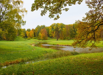 Naklejka premium Autumn day in the park. Gold autumn. Trees and lake.