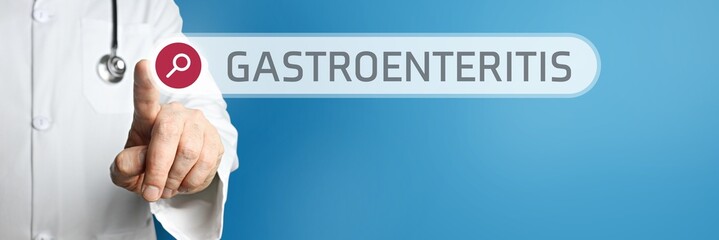 Gastroenteritis. Doctor in smock points with his finger to a search box. The term is in focus....