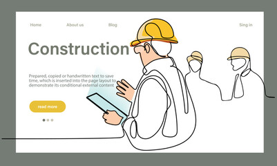 Vector landing page of architecture works with protective face masks for safety in machine industrial factory. Continuous one line drawing for your minimal design