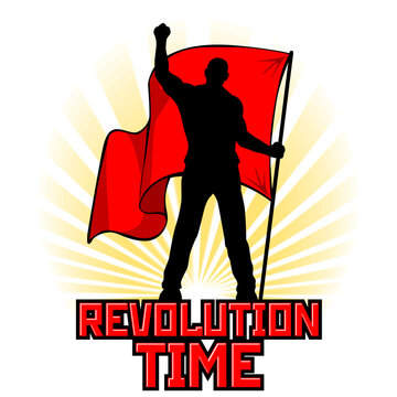 Man with red flag on sunrise backdrop. Silhouette of protesting rebel  holding banner of revolution. Vector propaganda poster on transparent background