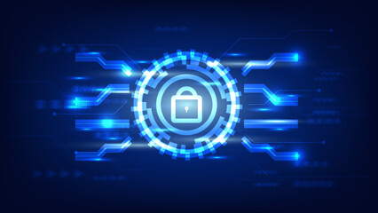 cyber security technology and privacy data protection concept. padlock with digital HUD screen on blue lighting background