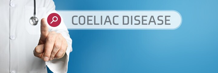 Coeliac disease. Doctor in smock points with his finger to a search box. The term is in focus....