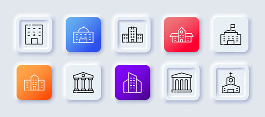 Buildings set icon. Schooul, university, church, parliament, temple, museum, theatre, columns, engineering. Architecture concept. Neomorphism style. Vector line icon for Business and Advertising