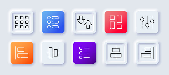 Menu buttons set icon. Tiles, slider, settings, centering, alignment, application, control panel, check list, app, align. Technology concept. Neomorphism style. Vector line icon for Business