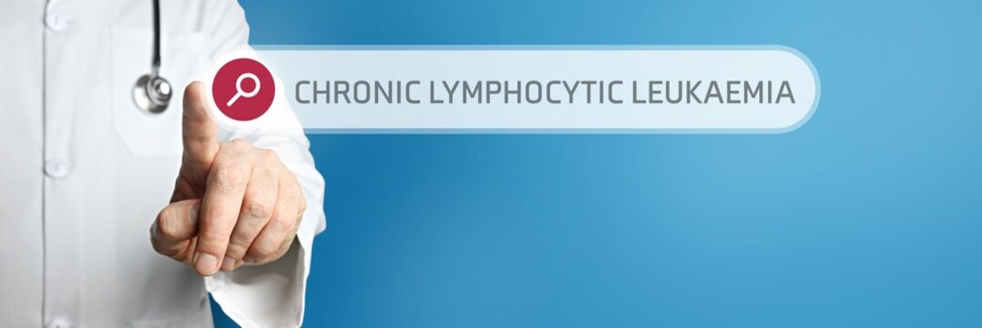 Chronic lymphocytic leukaemia (CLL). Doctor in smock points with his finger to a search box. The term is in focus. Symbol for illness, health, medicine