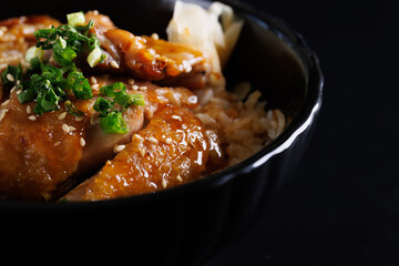 Grilled Chicken teriyaki rice Japanese food isolated in black background
