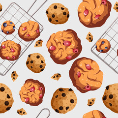 Seamless pattern with pastry,baking products. Vector illustration of chocolate cookies,muffins utensils. View from above. Bakeries,cafe,shop,print,textile,menu concept.