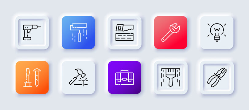 Construction tools set icon. Engineering, drill, puncher, paint roller, saw, wrench, lamp, screwdriver, screw, hammer, nail, briefcase, brush, pliers. Technology concept. Neomorphism. Vector line icon