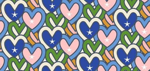Fototapeta premium Abstract Hearts Stars Denim Stripes Seamless Hand Drawn Pattern Trendy Fashion Colors Perfect for Allover Fabric Print or Wrapping Paper