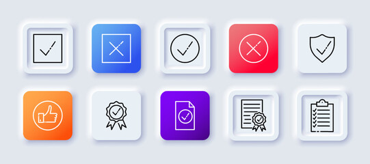 Ticks and crosses set icon. Checkmark, reject, rejection, confirm, confirmation, answer option, accept, decline, test, agreement. Technology concept. Neomorphism style. Vector line icon for Business
