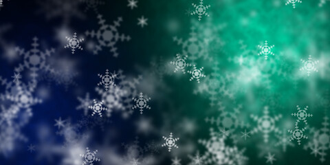Abstract dark blue and light green background with flying snowflakes - obrazy, fototapety, plakaty
