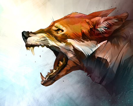 painted portrait of an animal. Colored muzzle of a fox