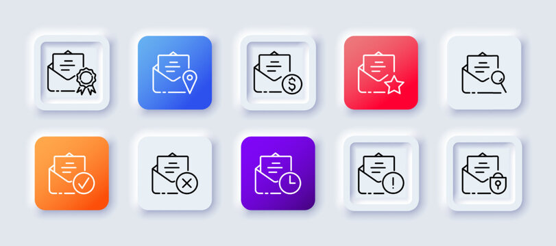 Mail set icon. Sms with plus, minus, cross, dollar, gear, watch, magnifying glass, pointer, heart, lock, privacy. Data set concept. Neomorphism style. Vector line icon for Business and Advertising
