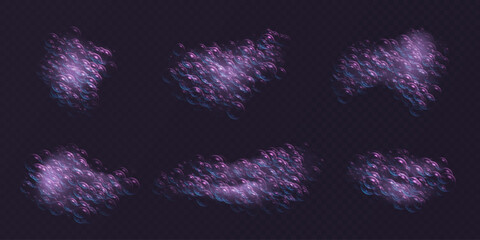 Realistic soap bubbles with rainbow reflections, pink bath lather, colorful iridescent shampoo foam isolated on a dark background. Vector illustration.