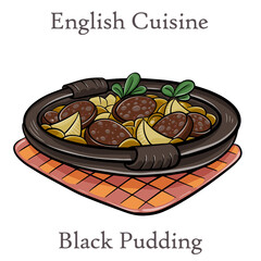 Homemade black pudding on white background. English treditional cuisine.