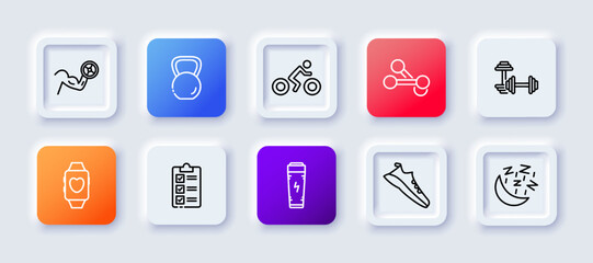 Sport set icon. Athlete, dumbbell, biceps, workout, kettlebell, bicycle, barbell, fitness tracker, completed goals, energy, protein, sneakers, sleep. Healthy lifestyle concept. Neomorphism style