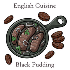 Homemade black pudding on white background. English treditional cuisine.