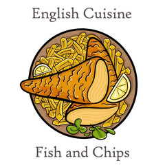 Traditional British fish and chips with potato and lemon