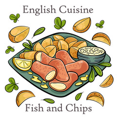 Traditional British fish and chips with potato and lemon