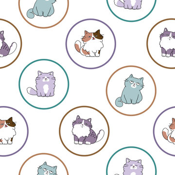 Seamless Pattern with Cartoon Cat and Circle Design on White Background