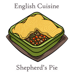 Shepherd's pie, traditional British dish with minced meat, vegetables and mashed potatoes.