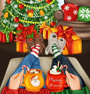 Couple celebrating Christmas and drinking cocoa next to Christmas tree in living room. Merry Christmas greeting card