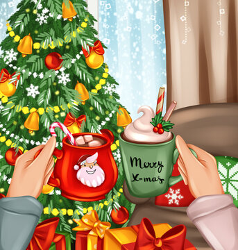 Couple celebrating Christmas at home and drinking hot cocoa. Merry Christmas greeting card