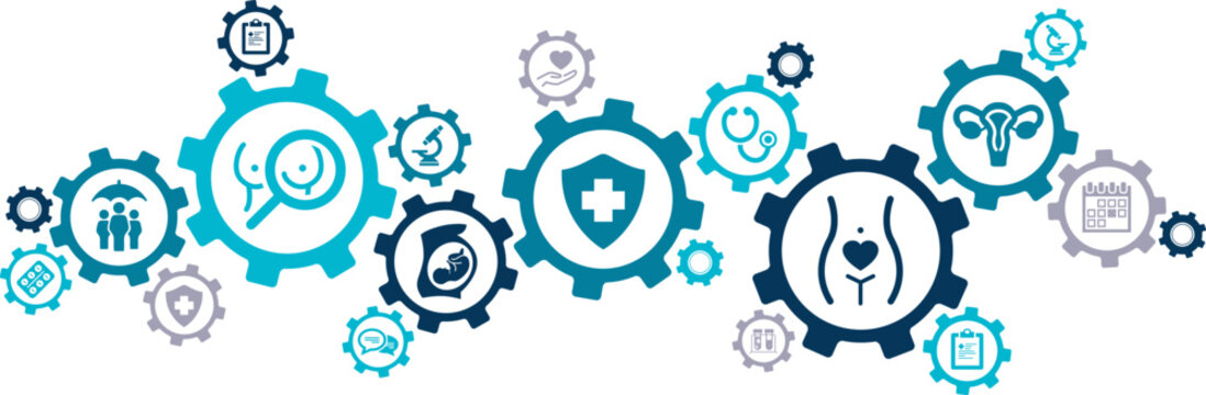 Gynecology vector illustration. Blue concept with icons related to women's health, gynecologist & ob-gyn specialist, healthcare checkup, examination or treatment, gynecology practice or clinic.
