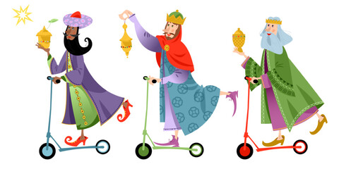 Three biblical Kings (Caspar, Melchior and Balthazar) deliver gifts on a scooter. Three wise men follow the star