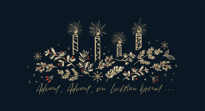 Cute hand drawn candles and german text saying "Advent, Advent, a little light is burning" - great for banners, wallpapers, cards, invitations - vector design