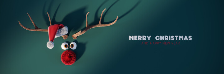 Cute funny reindeer with red nose and Merry Christmas text on green background 3D Rendering, 3D...