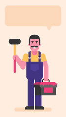 Repairman holding big hammer and suitcase with tools