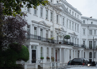 Elegant white buildings in Central London. Iconic British victorian architecture. 