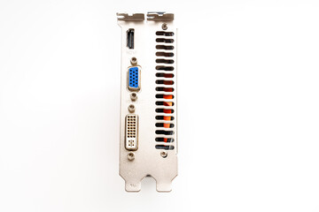 side view. Video card on a white background. A display card, graphics card, or video adapter is an...