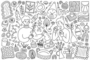 Man and woman decorating home, home decor hand drawn collection, doodle icons of candles, vases, dry flowers, vector illustrations of scandi interior, isolated outline clipart on white background