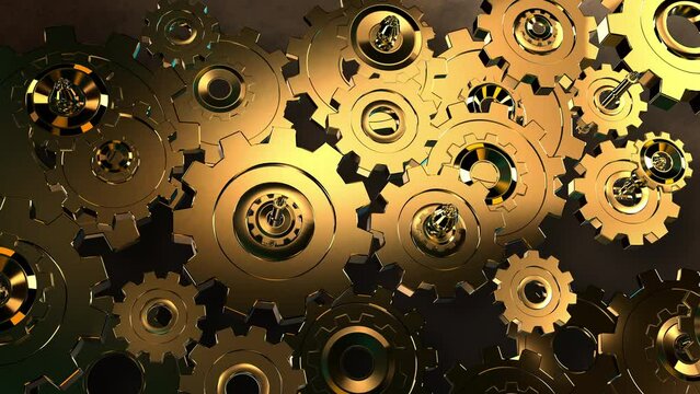 engine gears wheels slowly rotating dark metallic gears. Iron clockwork machinery in motion. Industrial metallic construction. Symbol of teamwork. perfect for business related purposes. 3d rendering