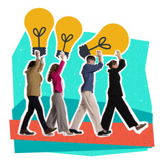 Contemporary art collage. Creative design. Business people, employees walking with light bulbs...
