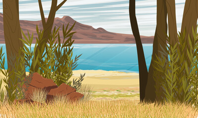 Tropical coastline with mountains on horizon. Australia and New Zealand. Realistic vector landscape